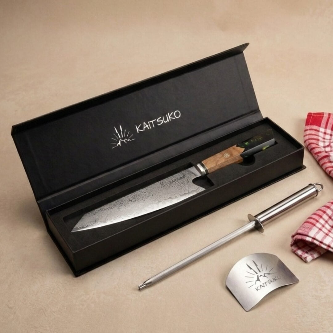 coffret kiritsuke japonais en acier damas et accessoires de cuisine offerts