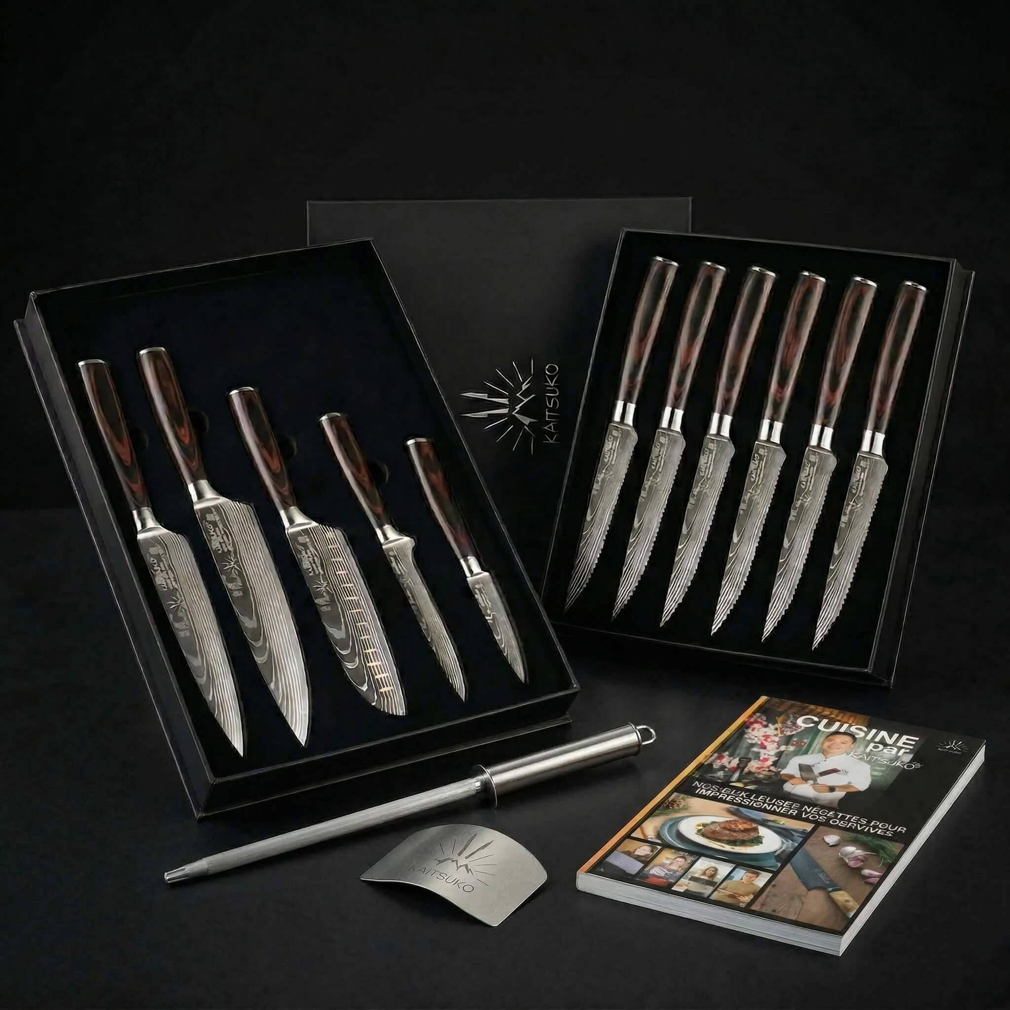 Weihnachtspaket Passion Tanaka Forest Wood (6 Steakmesser + 5 japanische Messer + 1 Profi-Schleifer + 1 Fingerschutz + 1 Kaitsuko Buch)
