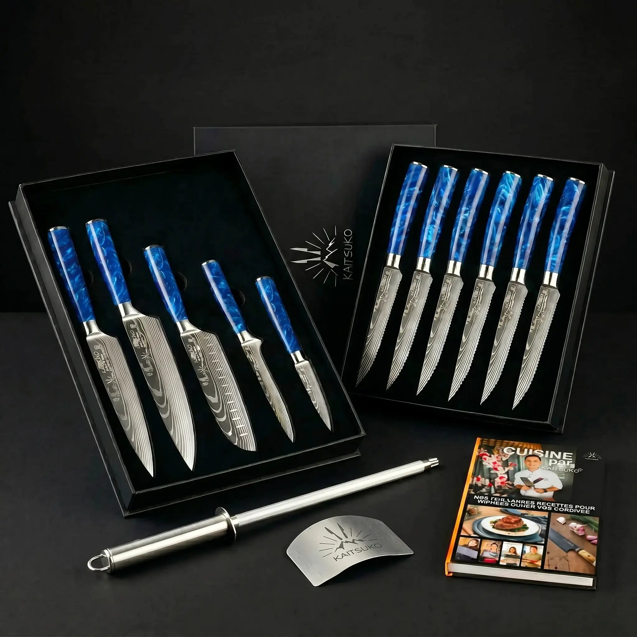 Weihnachtspaket Passion Tanaka Ozeanblau (6 Steakmesser + 5 japanische Messer + 1 Profi-Schleifer + 1 Fingerschutz + 1 Kaitsuko Buch)